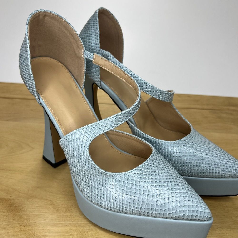 Blue Snakeskin Platform Heels Pointed Toe Mary Jane Size 41 US Size 10 Cone Heel